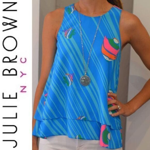 Julie Brown new york Blue finn fish Print tiered flowy tank top Size 2 - Picture 1 of 10